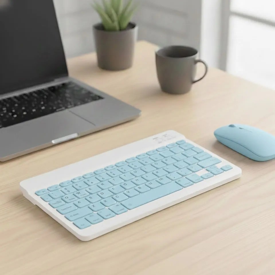 Combo Mini Inalámbrico * CELESTE PASTEL * RECARGABLE ( Teclado Recargable+ Mouse ) Pc Notebook Celular Tablet