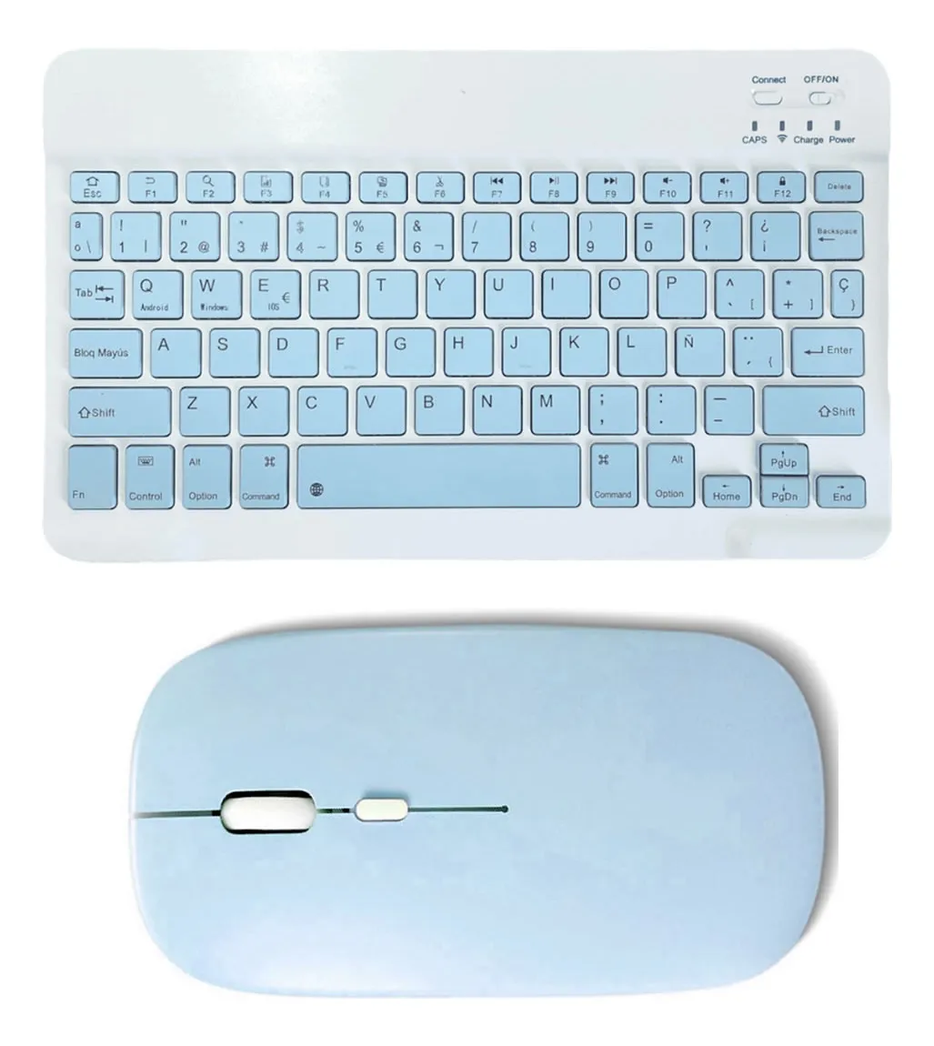 Combo Mini Inalámbrico * CELESTE PASTEL * RECARGABLE ( Teclado Recargable+ Mouse ) Pc Notebook Celular Tablet