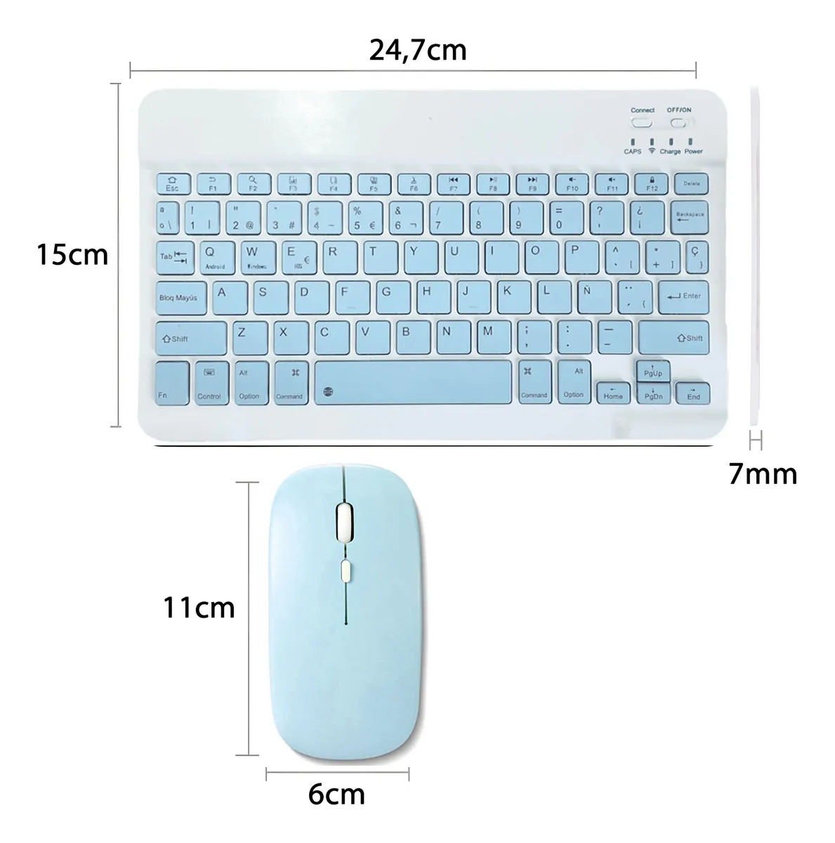 Combo Mini Inalámbrico * CELESTE PASTEL * RECARGABLE ( Teclado Recargable+ Mouse ) Pc Notebook Celular Tablet