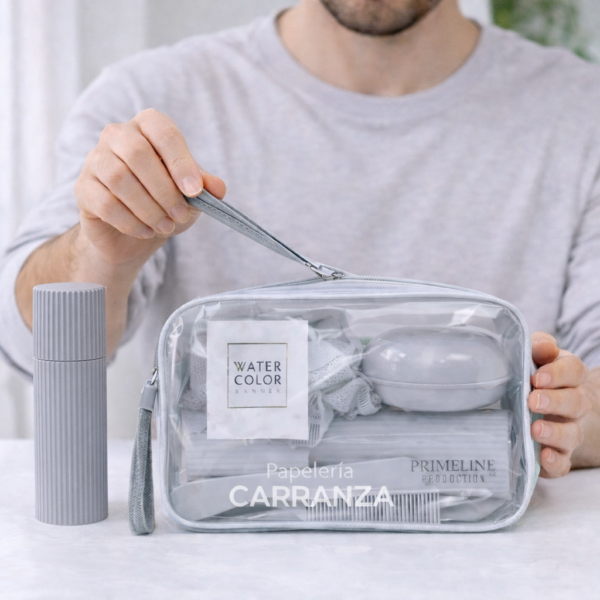 Sets para Viaje - WaterColor x 5 piezas (Neceser + Porta cepillo c/ Vasito y espejo + Jabonera + Esponja + Peine) Primeline