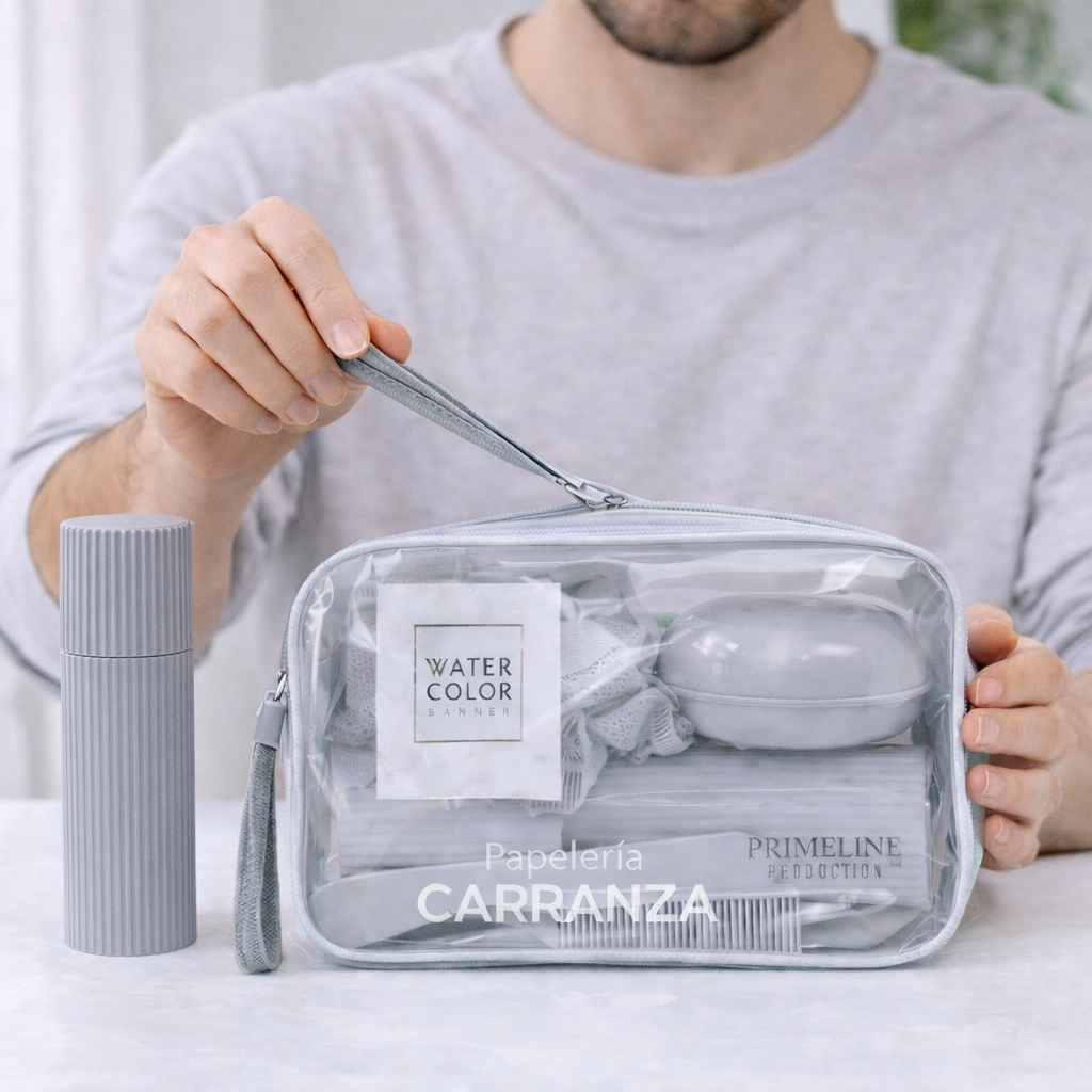 Sets para Viaje - WaterColor x 5 piezas (Neceser + Porta cepillo c/ Vasito y espejo + Jabonera + Esponja + Peine) Primeline