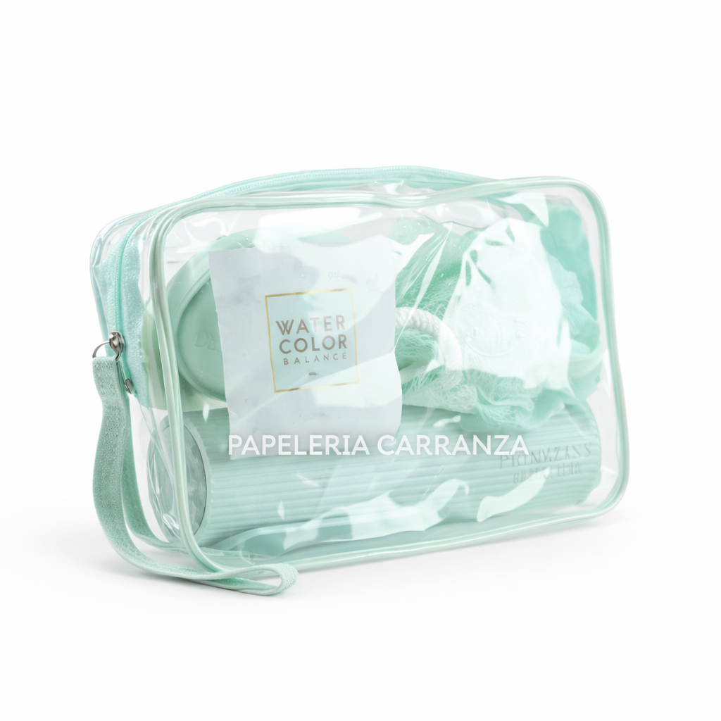 Sets para Viaje - WaterColor x 5 piezas (Neceser + Porta cepillo c/ Vasito y espejo + Jabonera + Esponja + Peine) Primeline