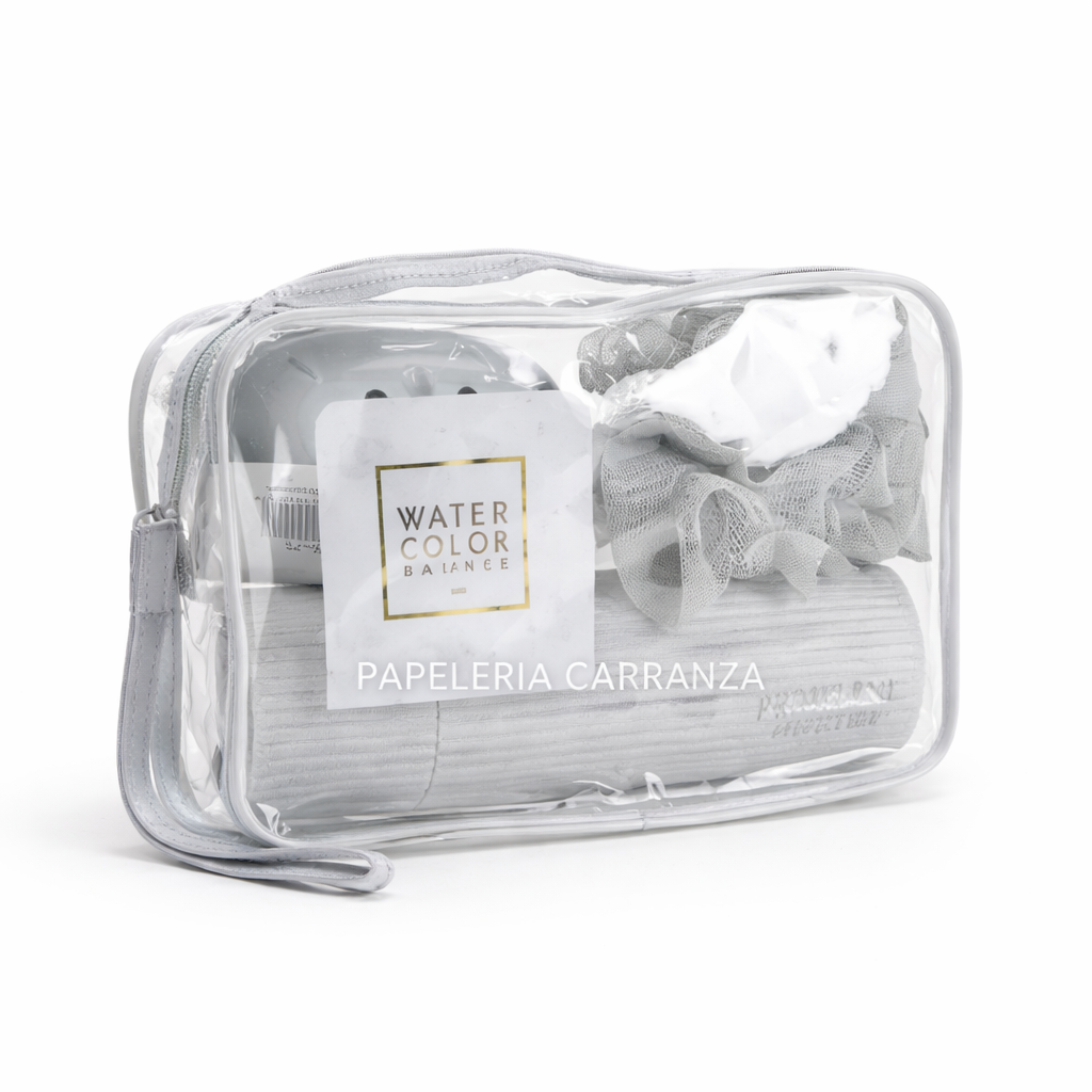 Sets para Viaje - WaterColor x 5 piezas (Neceser + Porta cepillo c/ Vasito y espejo + Jabonera + Esponja + Peine) Primeline