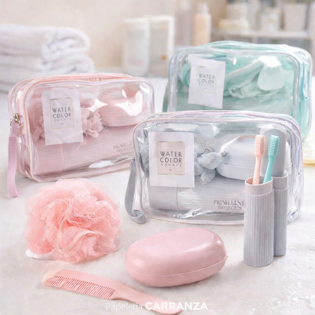 Sets para Viaje - WaterColor x 5 piezas (Neceser + Porta cepillo c/ Vasito y espejo + Jabonera + Esponja + Peine) Primeline