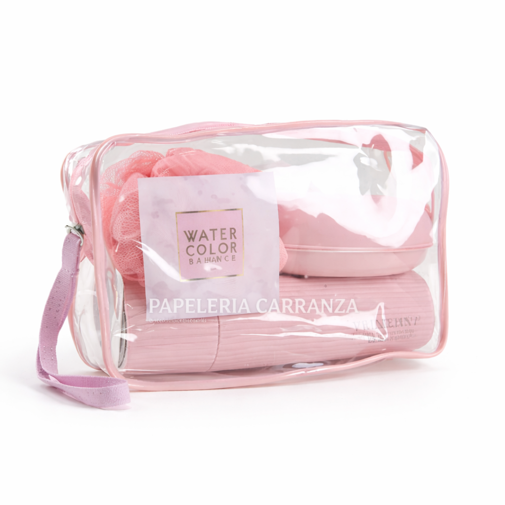 Sets para Viaje - WaterColor x 5 piezas (Neceser + Porta cepillo c/ Vasito y espejo + Jabonera + Esponja + Peine) Primeline