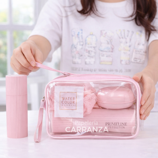 Sets para Viaje - WaterColor x 5 piezas (Neceser + Porta cepillo c/ Vasito y espejo + Jabonera + Esponja + Peine) Primeline