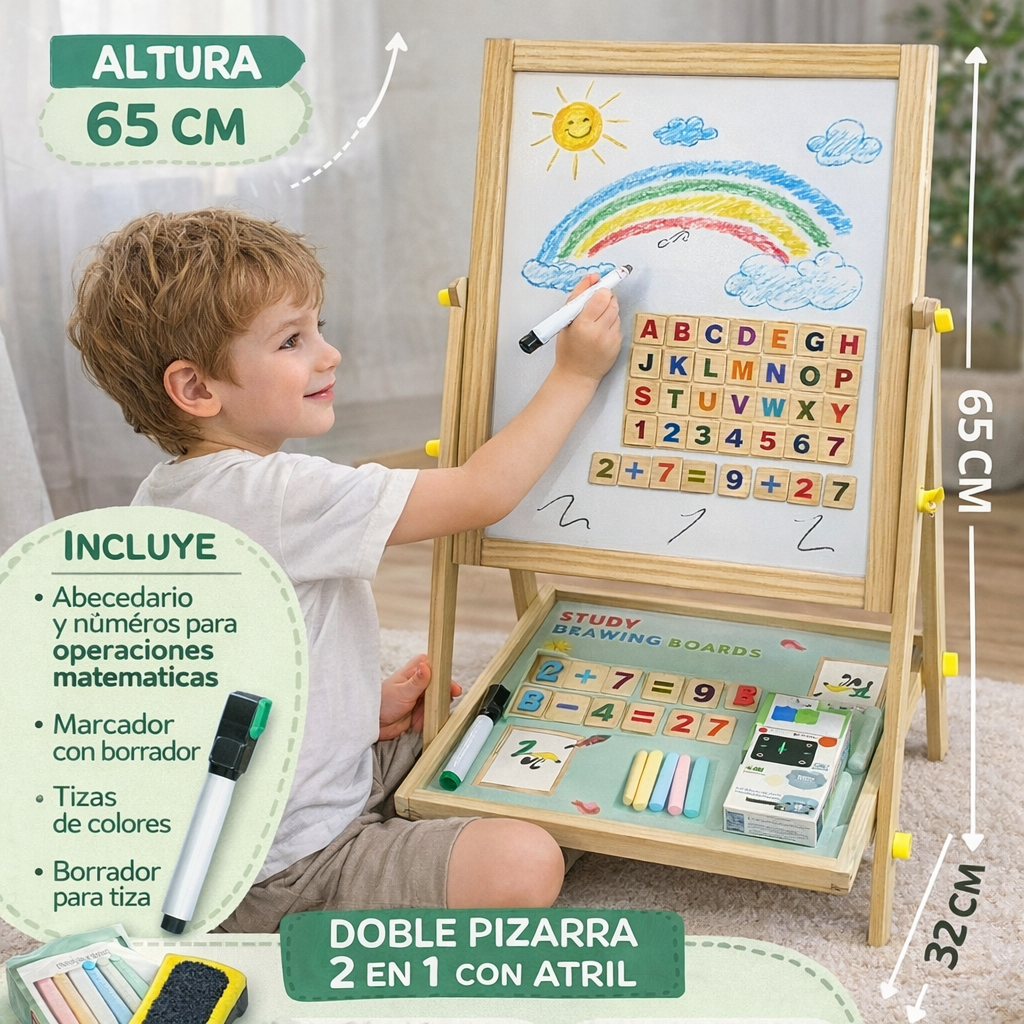 Pizarras 2 en 1 Con Atril ( Pizarra Blanca + Pizarrón para Tizas ) Kit + Tizas + Abecedario + Números + Operaciones Matemáticas + Marcador + Borrador + Base de Apoyo)