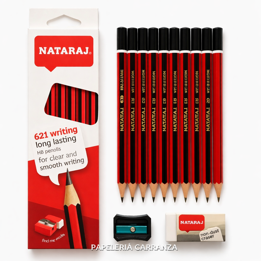 KIT Lapiz Negro "NATARAJ" Grafito // CAJA X 12 // + Borrador + Sacapuntas
