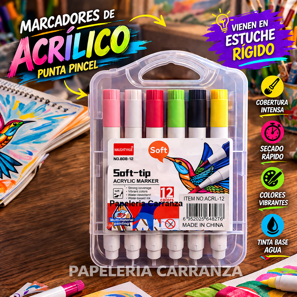 MARCADOR DE ACRILICO PUNTA PINCEL ** SOFT x 12 ** C/ ESTUCHE RIGIDO - NAUGHTHUE