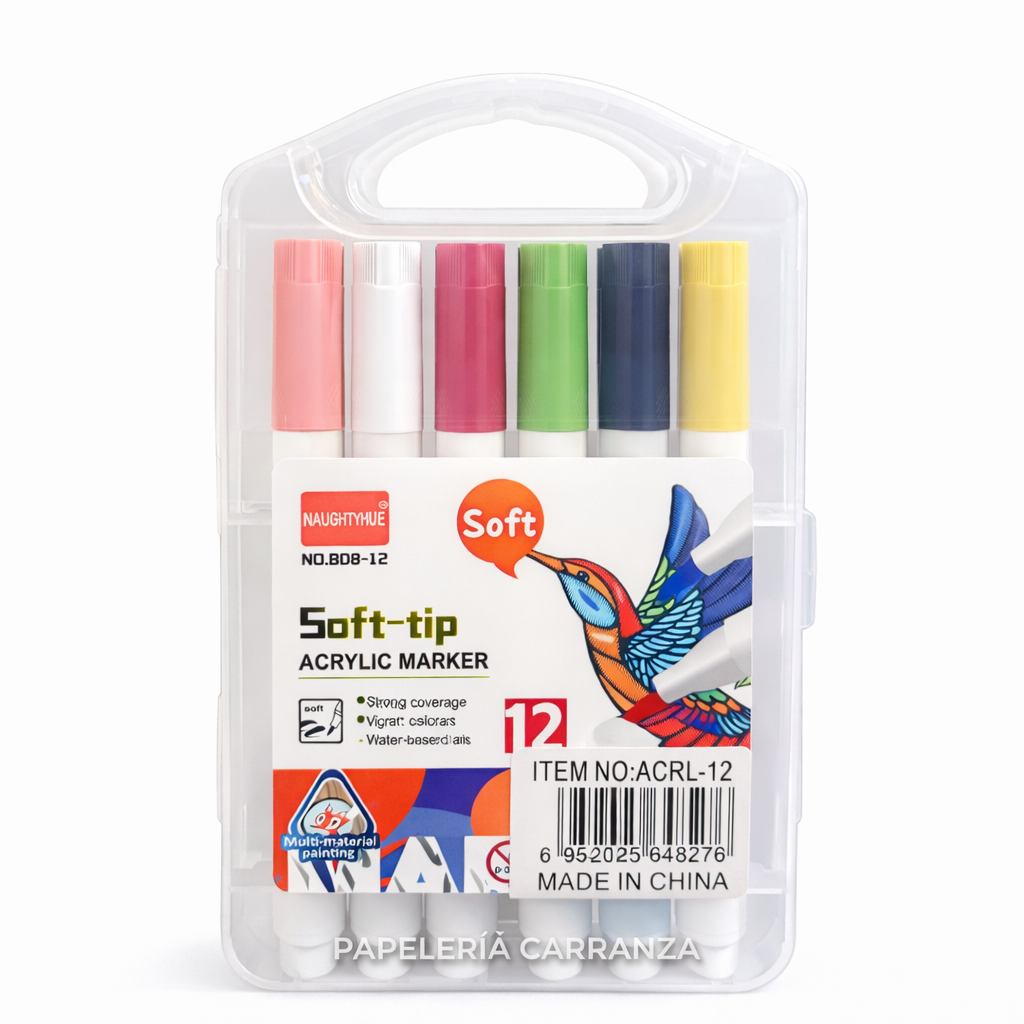 MARCADOR DE ACRILICO PUNTA PINCEL ** SOFT x 12 ** C/ ESTUCHE RIGIDO - NAUGHTHUE