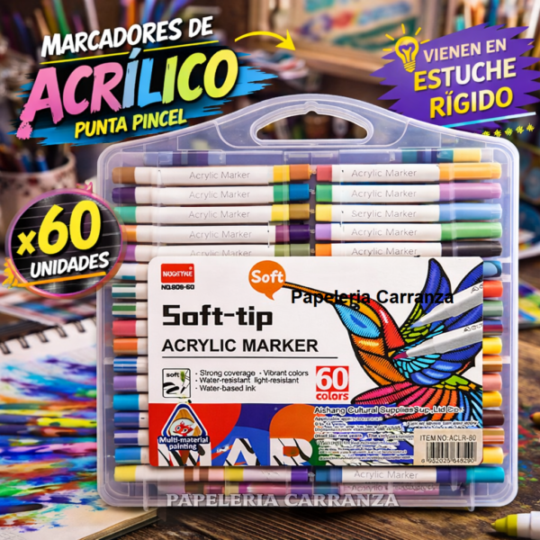 MARCADOR DE ACRILICO PUNTA PINCEL ** SOFT x 60 ** C/ ESTUCHE RIGIDO - NAUGHTHUE