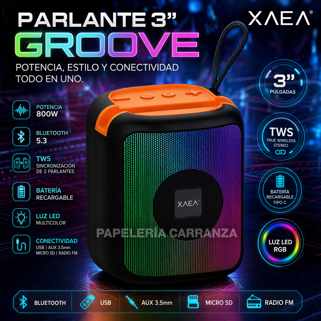 Parlante XAEA "GROOVE" 800W Bluetooth Inalámbrico (PREMIUM)