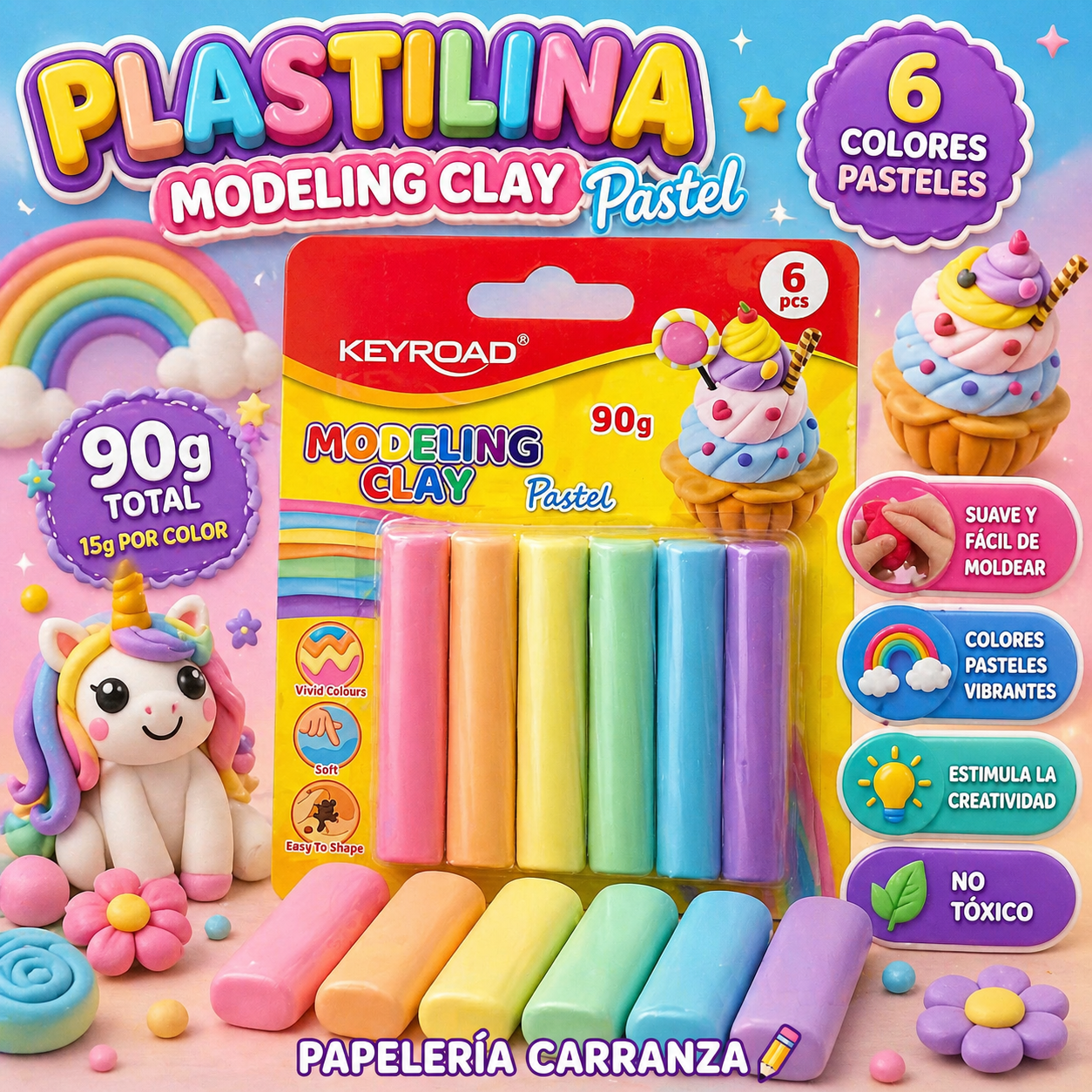 Plastilina KEYROAD * Pasteles x 6 * Premium 90 Gr Blister