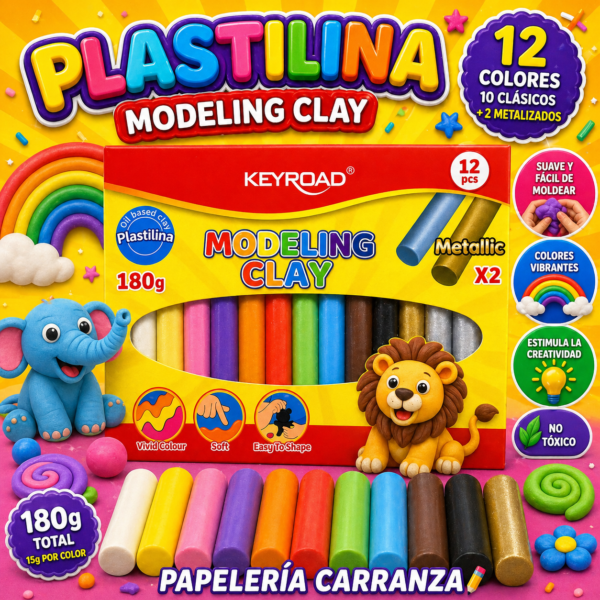Plastilina KEYROAD * Clásicos x 12 (10 Clásicos + 2 Metalizados * Premium 180 Gr Blister