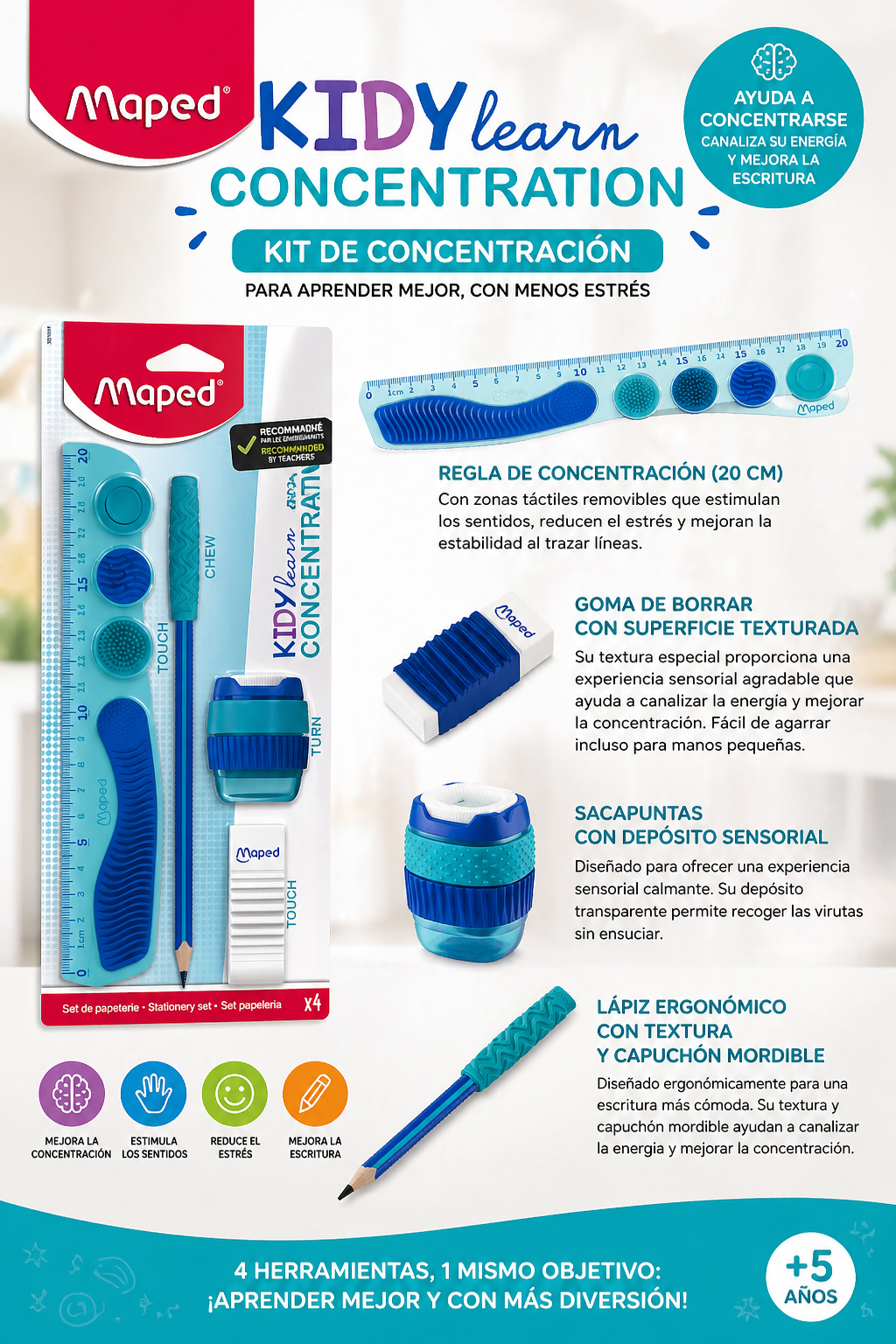 Kit MAPED CONCENTRACION * Set Completo x 4 Piezas * Kidy Learn Concentration (Lapiz + Capuchón + Sacapuntas c/ deposito + Goma de Borrar + Regla de 20 cm