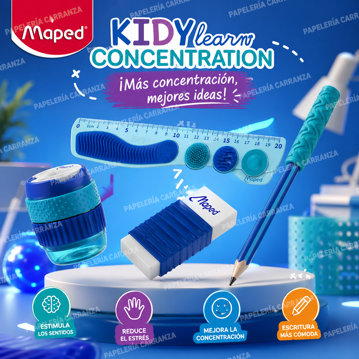 Kit MAPED CONCENTRACION * Set Completo x 4 Piezas * Kidy Learn Concentration (Lapiz + Capuchón + Sacapuntas c/ deposito + Goma de Borrar + Regla de 20 cm