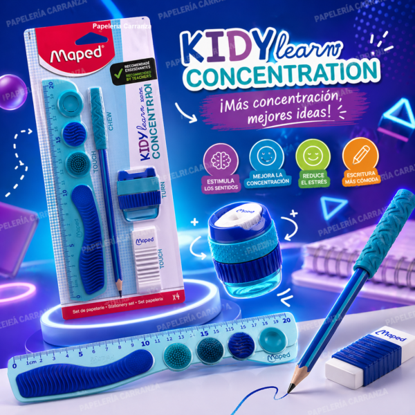 Kit MAPED CONCENTRACION * Set Completo x 4 Piezas * Kidy Learn Concentration (Lapiz + Capuchón + Sacapuntas c/ deposito + Goma de Borrar + Regla de 20 cm