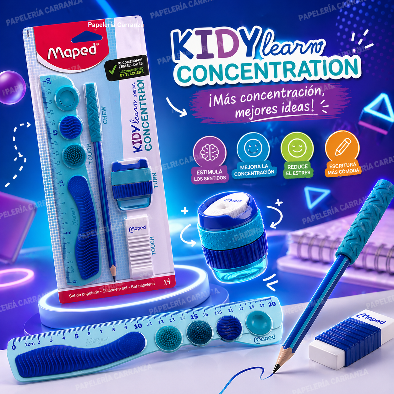 Kit MAPED CONCENTRACION * Set Completo x 4 Piezas * Kidy Learn Concentration (Lapiz + Capuchón + Sacapuntas c/ deposito + Goma de Borrar + Regla de 20 cm