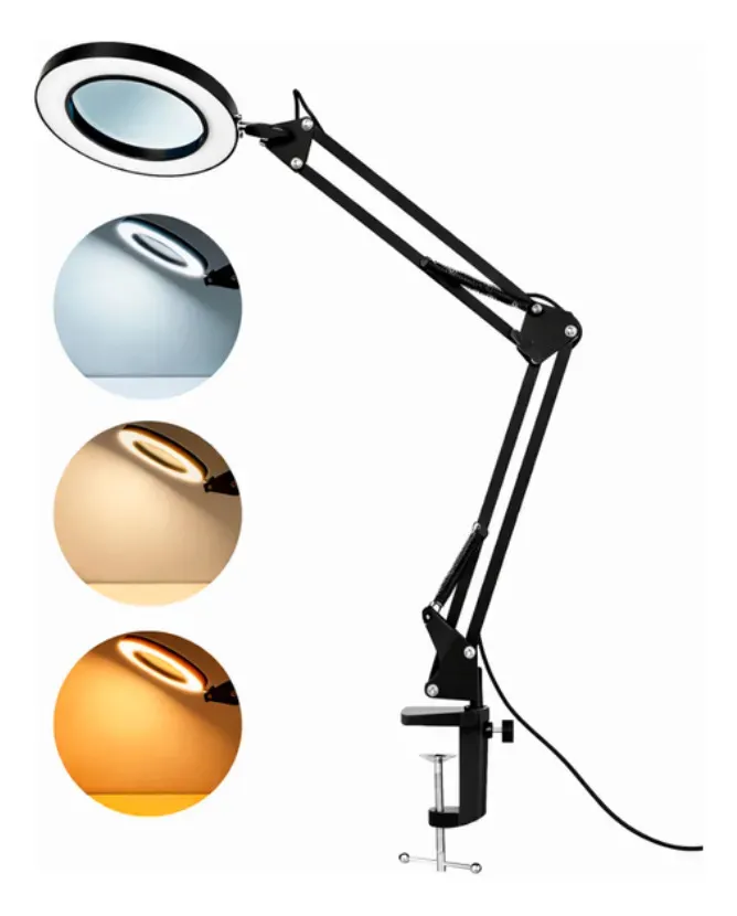 Lamparas de escritorio Flexible Time * Aro de luz con Lupa *  c/ Pinza de agarre (3 tipos de luz)