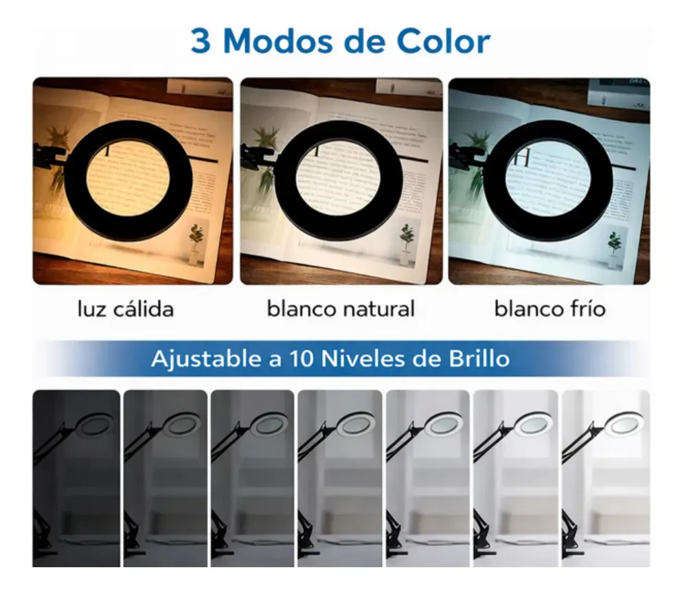 Lamparas de escritorio Flexible Time * Aro de luz con Lupa *  c/ Pinza de agarre (3 tipos de luz)