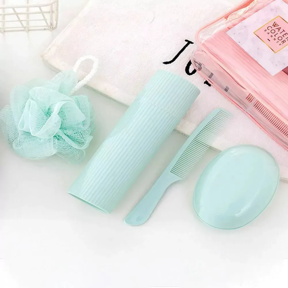 Sets para Viaje - WaterColor x 5 piezas (Neceser + Porta cepillo c/ Vasito y espejo + Jabonera + Esponja + Peine) Primeline