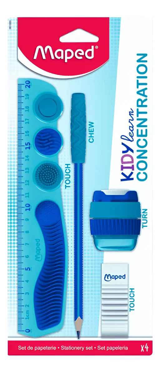Kit MAPED CONCENTRACION * Set Completo x 4 Piezas * Kidy Learn Concentration (Lapiz + Capuchón + Sacapuntas c/ deposito + Goma de Borrar + Regla de 20 cm