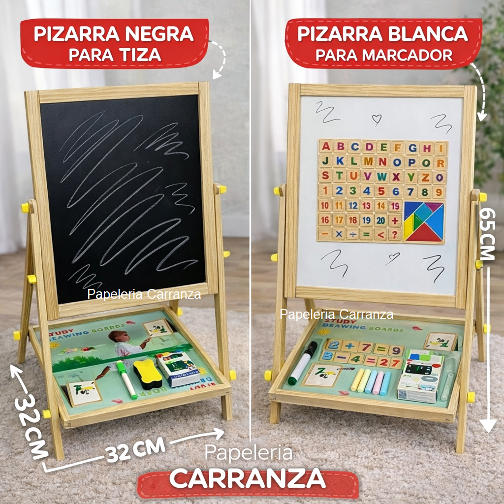 Pizarras 2 en 1 Con Atril ( Pizarra Blanca + Pizarrón para Tizas ) Kit + Tizas + Abecedario + Números + Operaciones Matemáticas + Marcador + Borrador + Base de Apoyo)