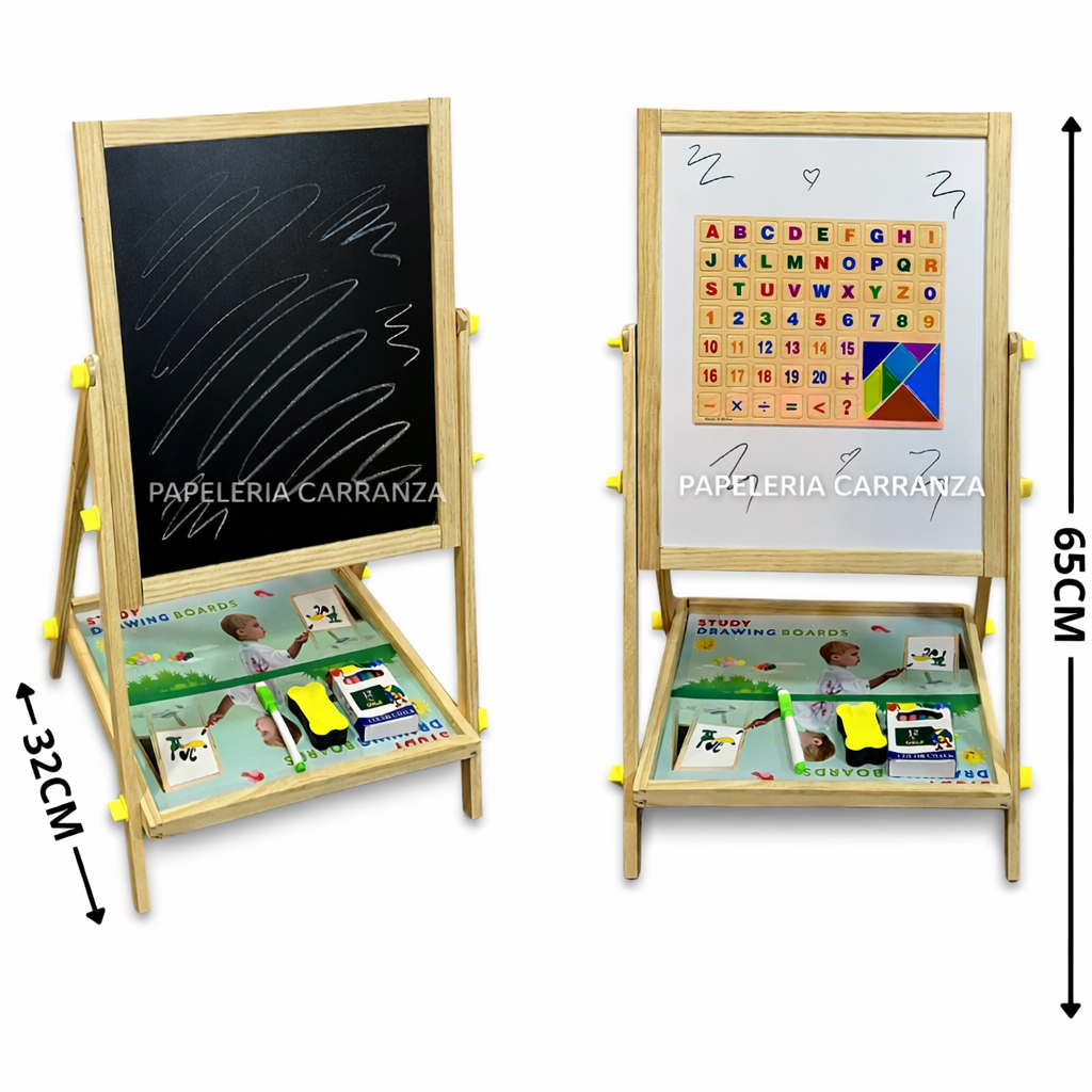 Pizarras 2 en 1 Con Atril ( Pizarra Blanca + Pizarrón para Tizas ) Kit + Tizas + Abecedario + Números + Operaciones Matemáticas + Marcador + Borrador + Base de Apoyo)