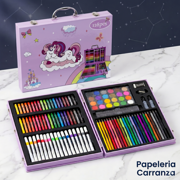 VALIJA * ART SET UNICORNIO * x 128 PIEZAS - SUPER MEGA SET DE ARTE - (CON MARCADORES DE ACRILICO)