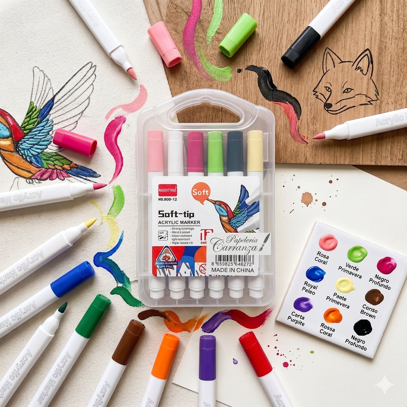 MARCADOR DE ACRILICO PUNTA PINCEL ** SOFT x 12 ** C/ ESTUCHE RIGIDO - NAUGHTHUE