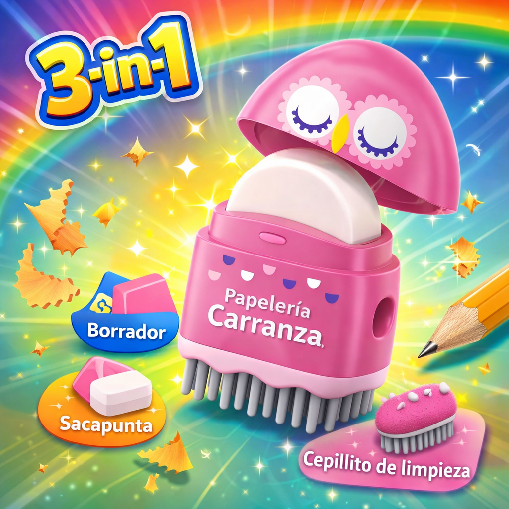 Sacapuntas c/ Deposito *Lechuza* 3 en 1 Keyroad + Borrador + Cepillito de Limpieza