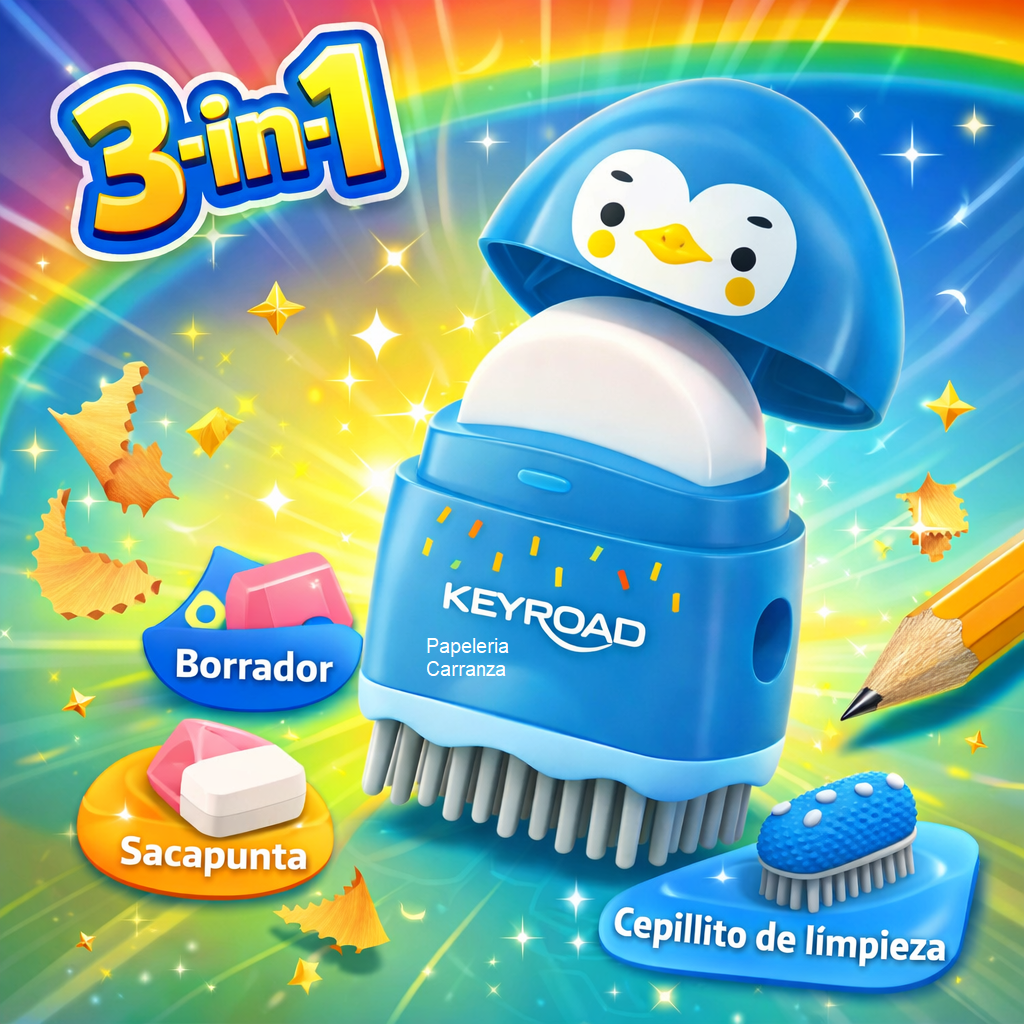 Sacapuntas c/ Deposito *Pingüino* 3 en 1 Keyroad + Borrador + Cepillito de Limpieza