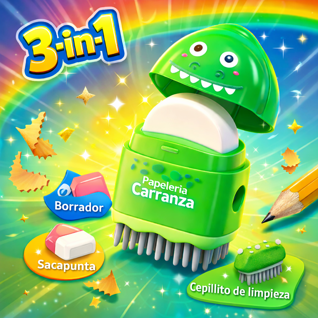 Sacapuntas c/ Deposito *Dino* 3 en 1 Keyroad + Borrador + Cepillito de Limpieza
