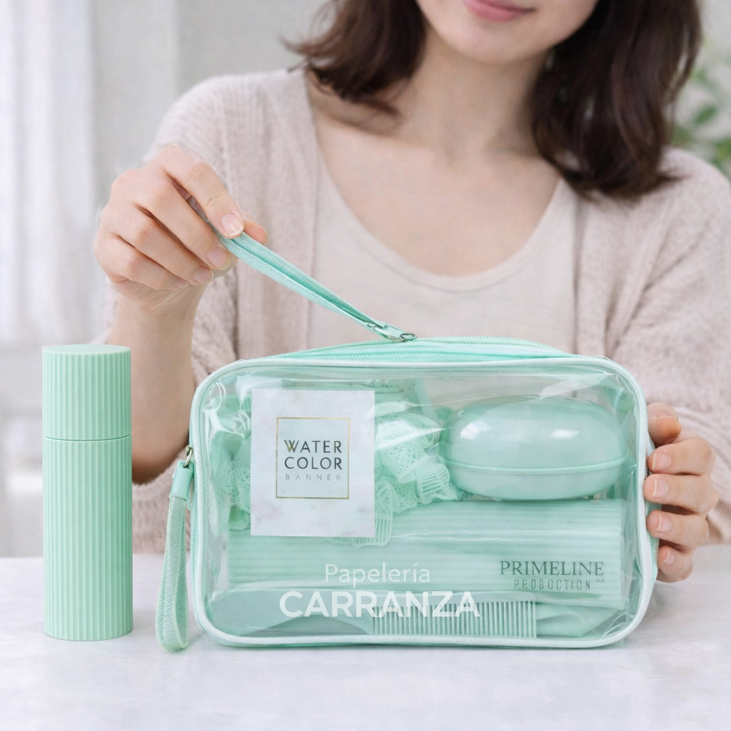 Sets para Viaje - WaterColor x 5 piezas (Neceser + Porta cepillo c/ Vasito y espejo + Jabonera + Esponja + Peine) Primeline