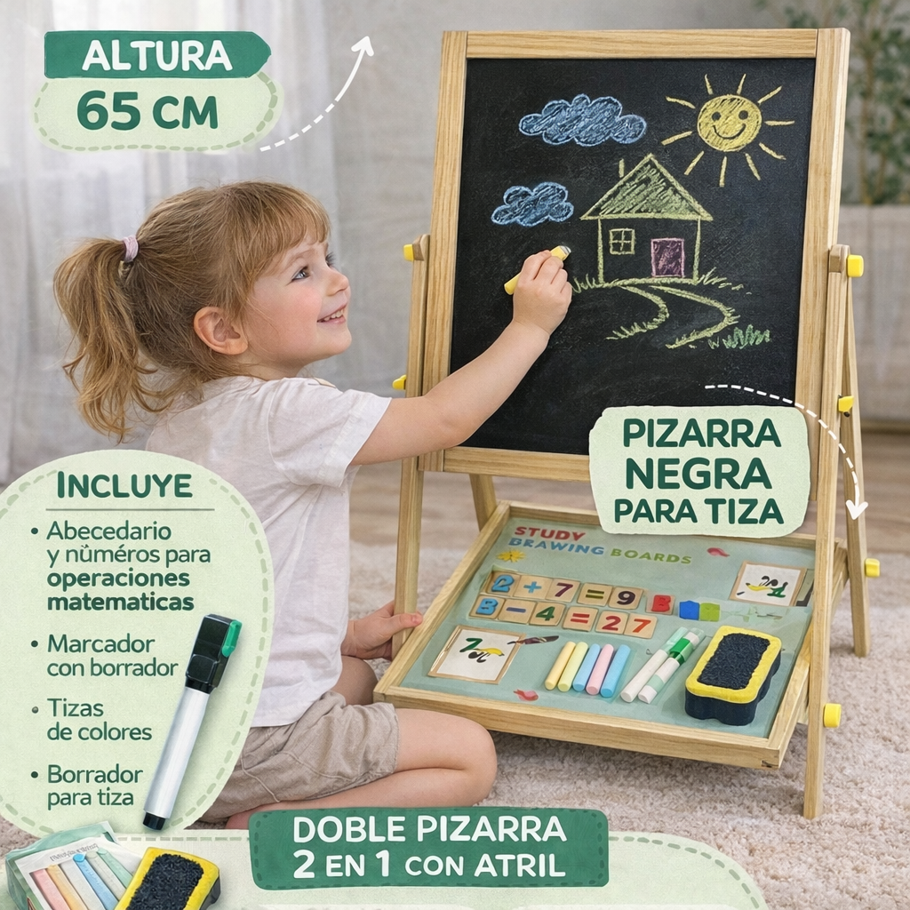Pizarras 2 en 1 Con Atril ( Pizarra Blanca + Pizarrón para Tizas ) Kit + Tizas + Abecedario + Números + Operaciones Matemáticas + Marcador + Borrador + Base de Apoyo)