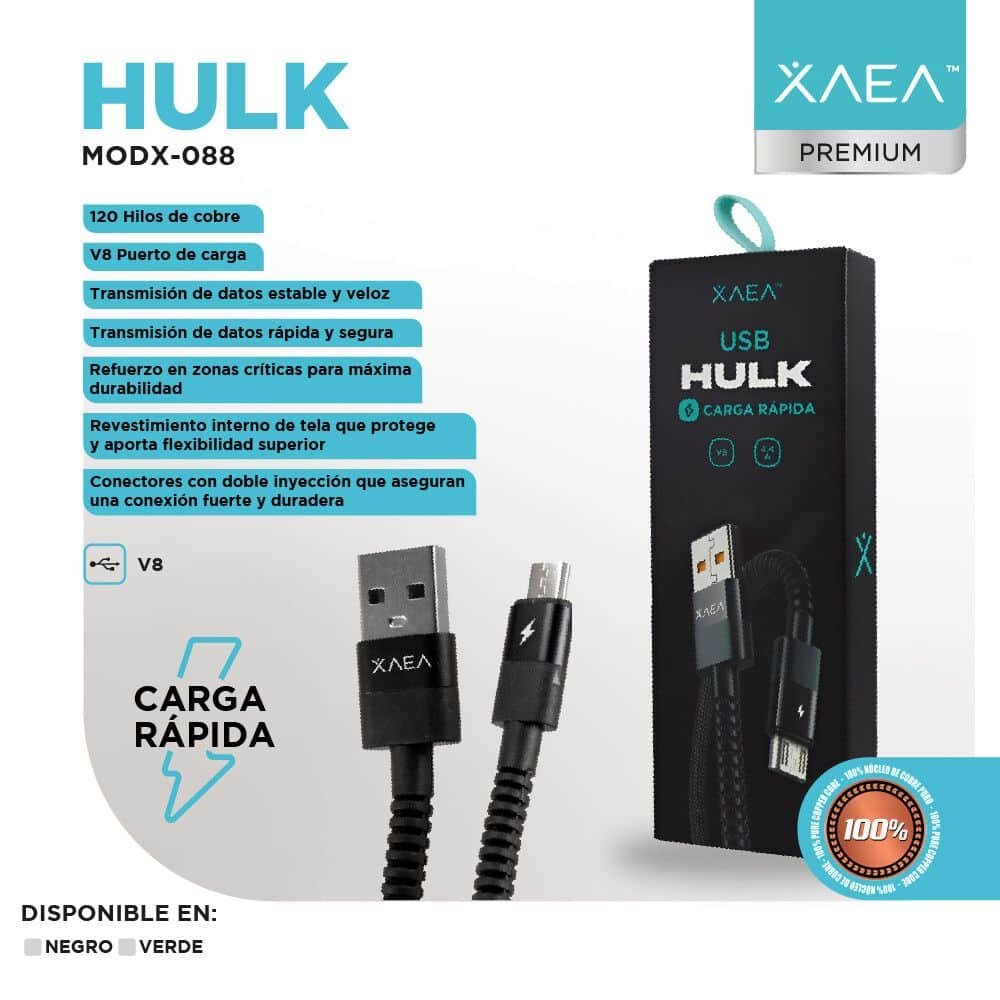 Cable USB V8 REFORZADO * XAEA HULK * - Carga Ultra Rapida - 1 mts 4A Micro Usb (Entelado)