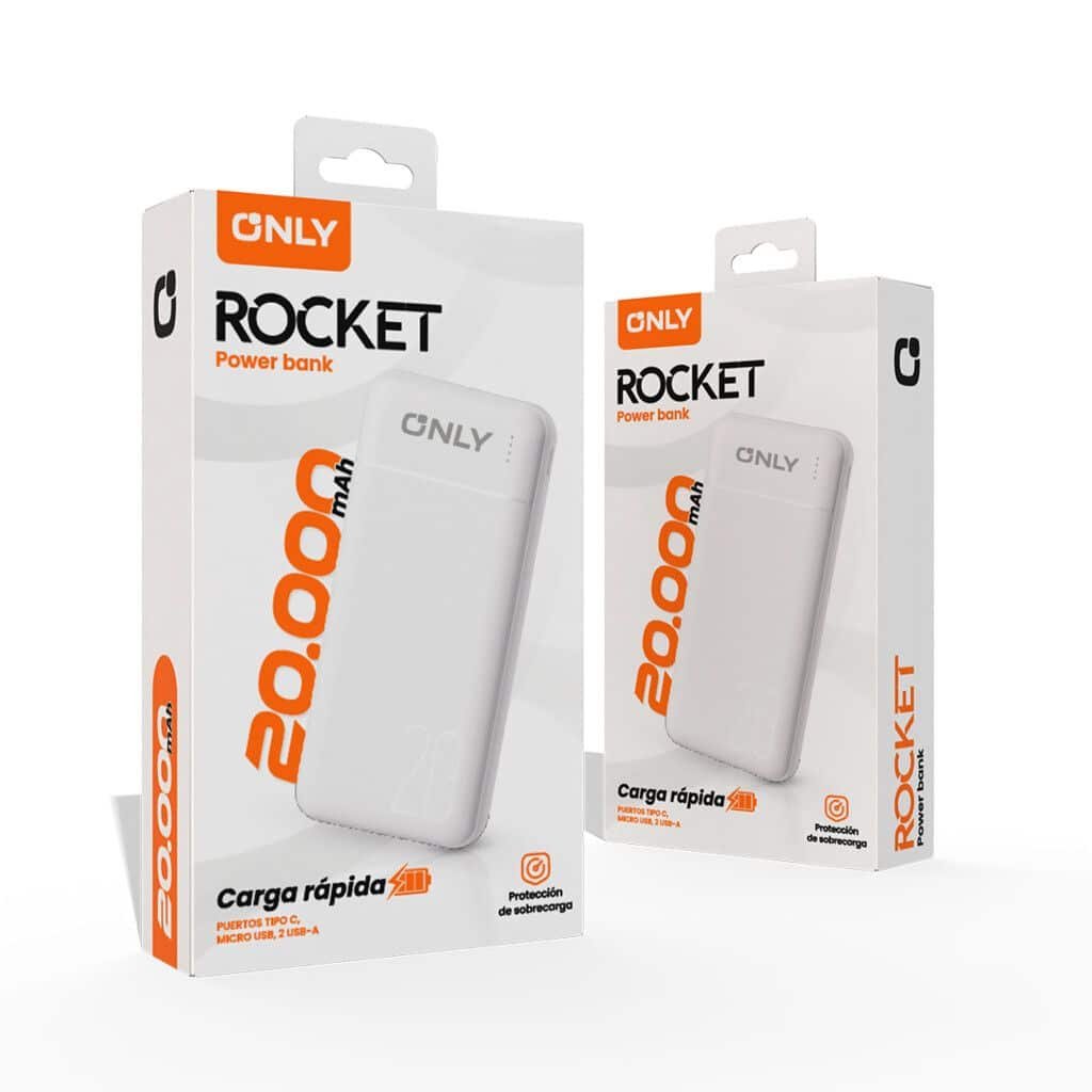 Power Bank ONLY ROCKET 20000 mah UNIVERSAL ( Micro USB + Tipo C + Iphone) Compacto, Ligero y con Indicador