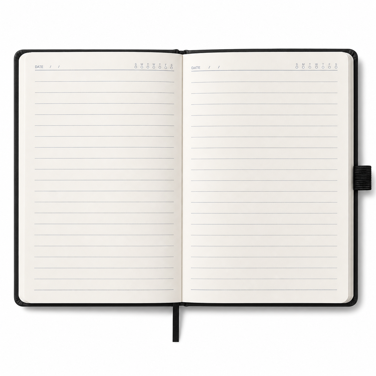 Cuadernos Cosidos - Negro -  Rayado Tamaño A5 80 Hojas c/ Elástico y Porta Lapicera