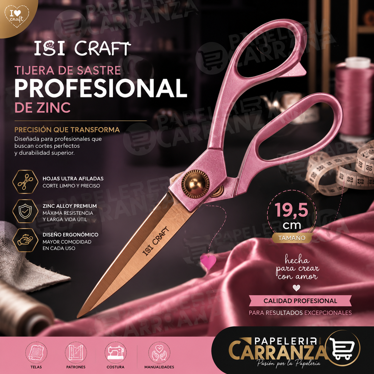 TIJERAS SASTRE IBI CRAFT "PROFESIONAL ZINC" VINTAGE ROSA - 19.5CM COSTURA Y MANUALIDADES