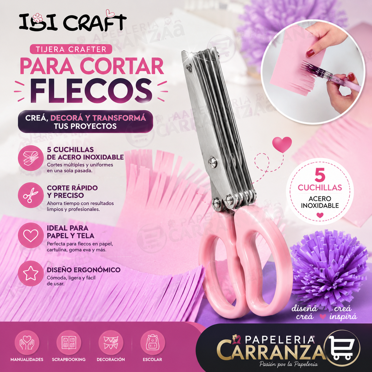 TIJERAS CRAFTER "PARA CORTAR FLECOS" IBI CRAFT ROSA - 19CM MANUALIDADES (5 CUCHILLAS DE ACERO INOXIDABLE)