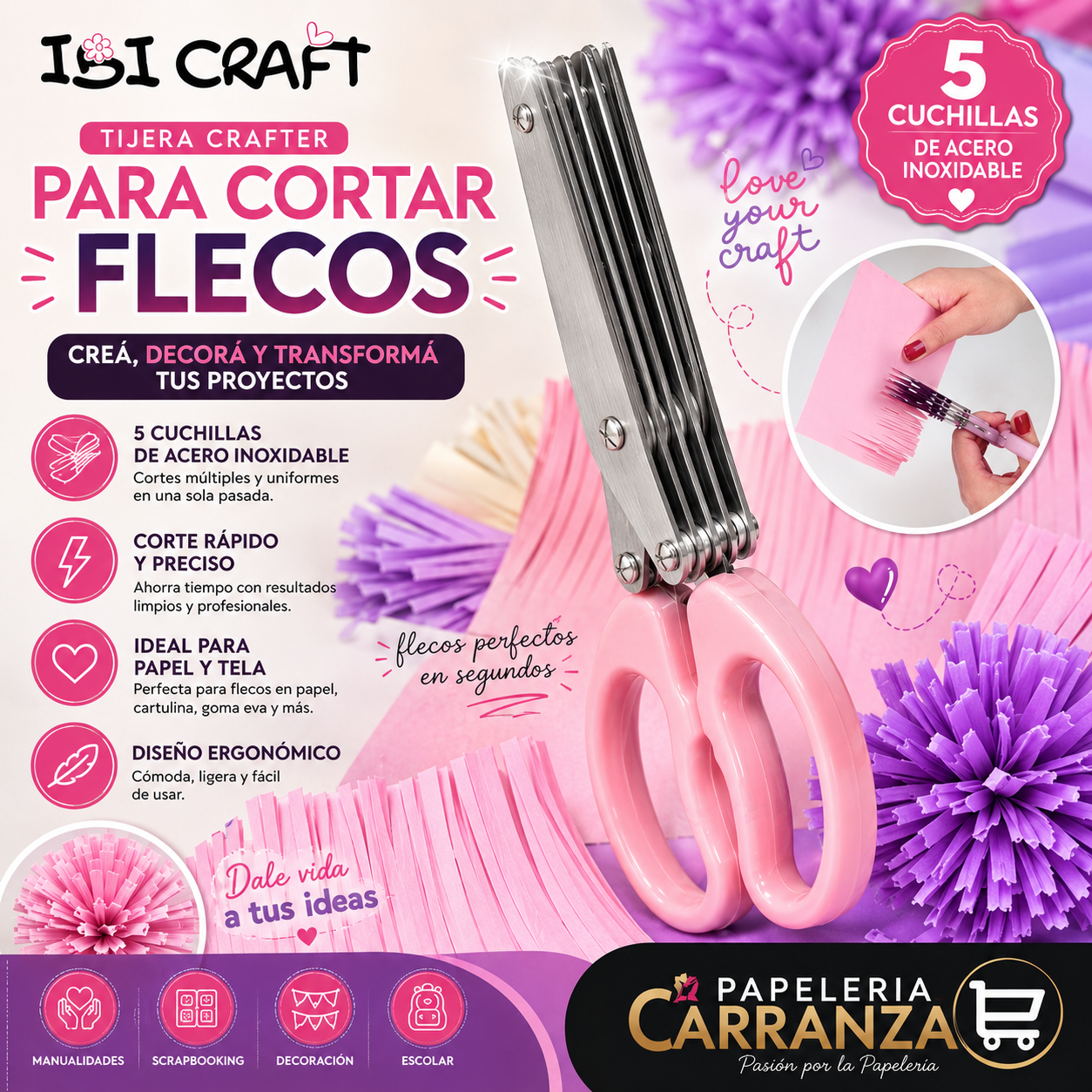 TIJERAS CRAFTER "PARA CORTAR FLECOS" IBI CRAFT ROSA - 19CM MANUALIDADES (5 CUCHILLAS DE ACERO INOXIDABLE)