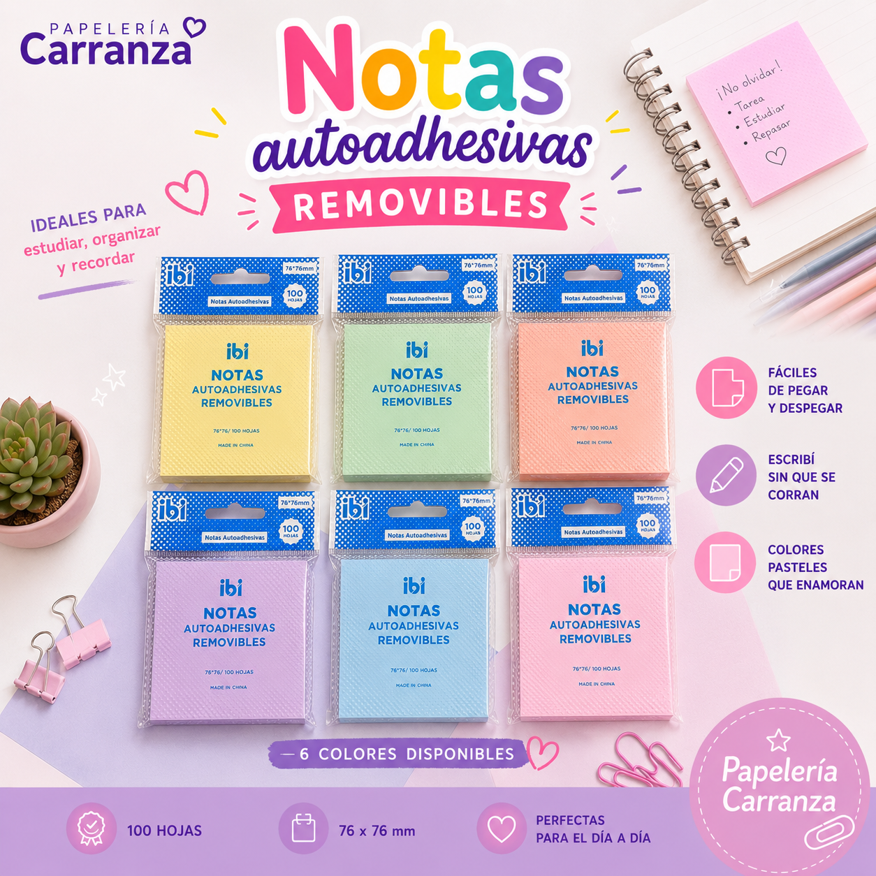 Notas Adhesivas IBI CRAFT " Celeste Pastel " 75 x 75