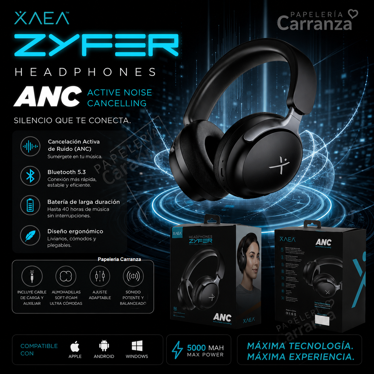 Auriculares Inalámbricos * XAEA ZYFER PRO Negro * Bluetooth (Premium) Batería XL -CALIDAD- CON CANCELACION DE RUIDOS