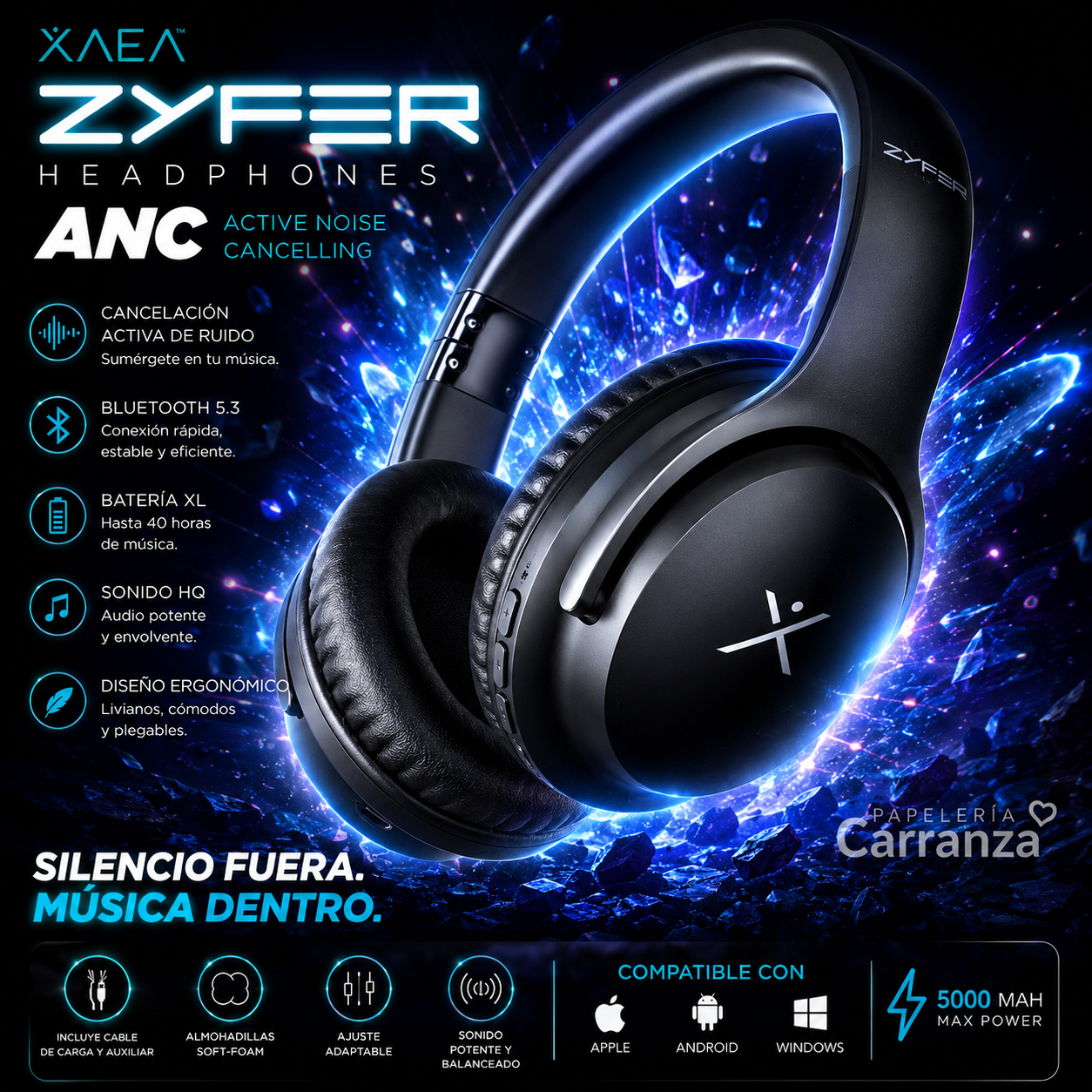 Auriculares Inalámbricos * XAEA ZYFER PRO Negro * Bluetooth (Premium) Batería XL -CALIDAD- CON CANCELACION DE RUIDOS