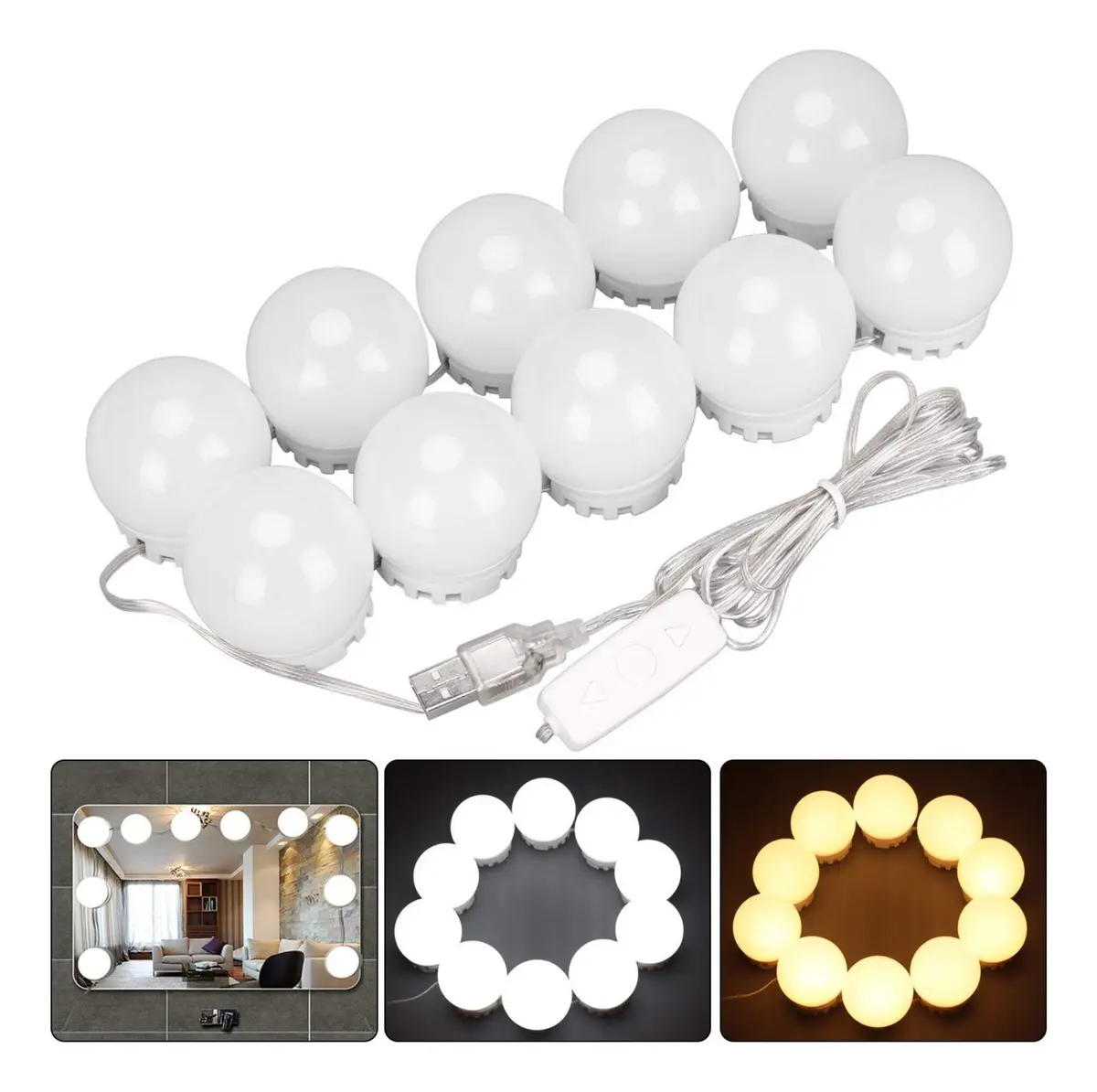 Focos Led Kit X10 Para Espejo Regulables Usb Luz 3 TONOS (Fria, Calida y Neutra)