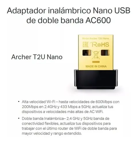 Adaptador Receptor - Wifi Usb Dual Band - Tp link AC600 NANO T2U // 2 AÑOS DE GARANTIA //