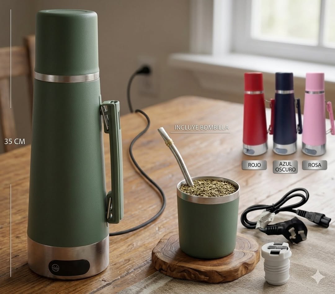 TERMO ELECTRICO 1.2 Litros + TAPA DE MATE + BOMBILLA - ACERO INOXIDABLE