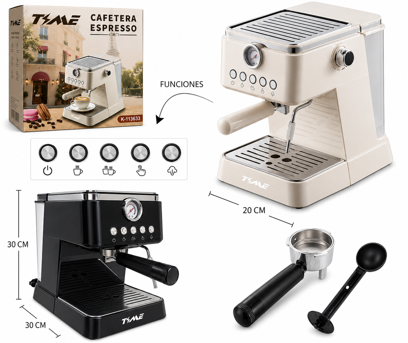 Cafetera Expresso TIME BEIGE 1.5 Litros - 20 BAR (INCLUYE ESPUMADOR DE LECHE) 1350W