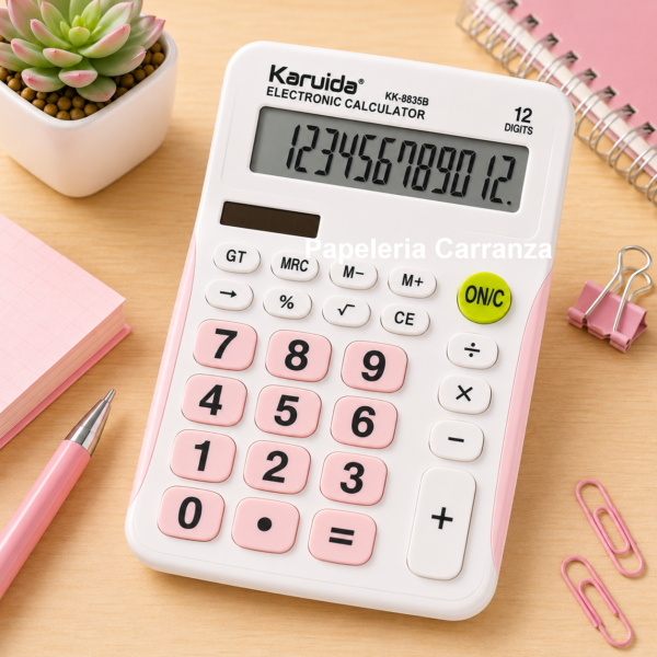 Calculadora Kariuida "ROSA PASTEL" KK-8835B -TAMAÑO MEDIANO (12 digitos)