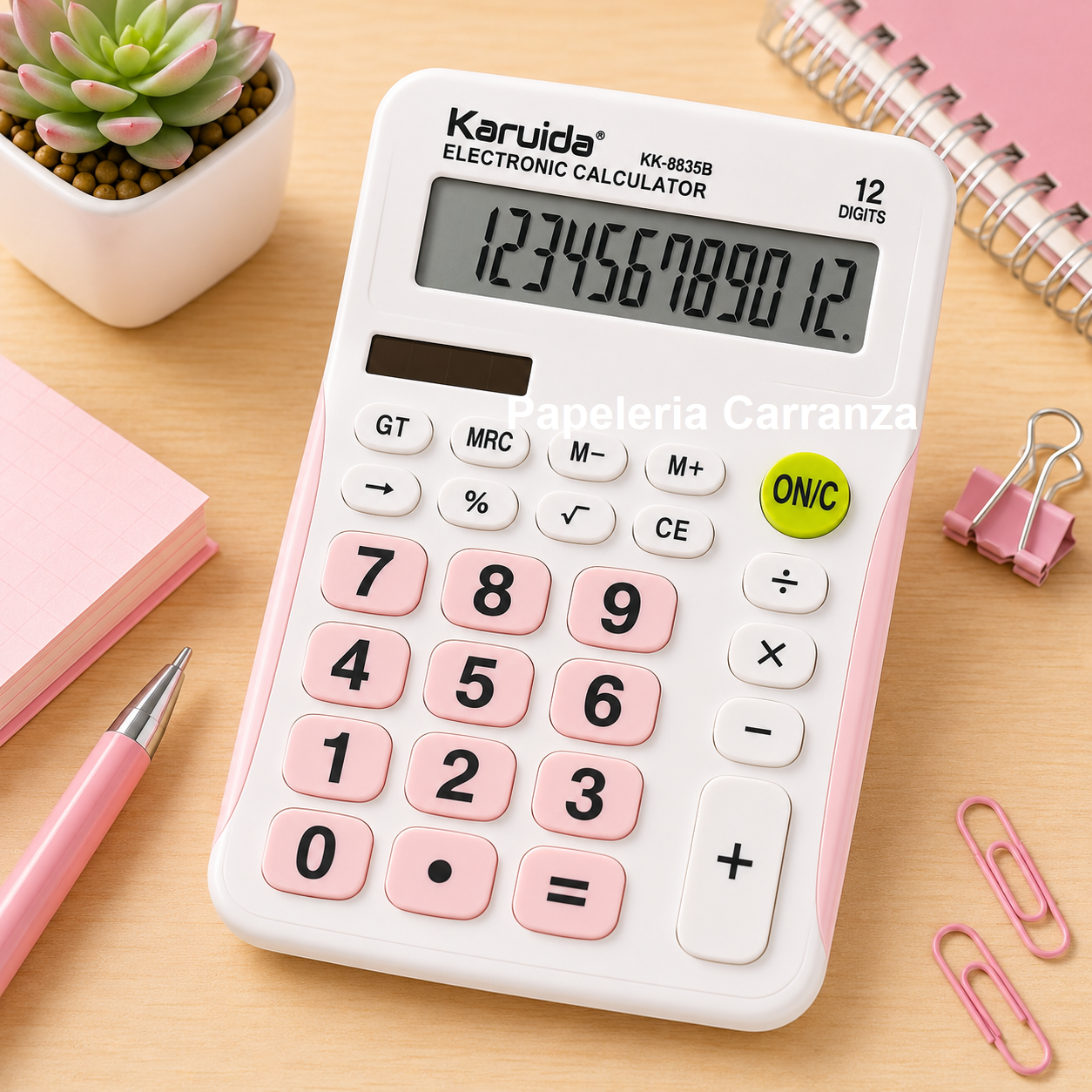 Calculadora Kariuida "ROSA PASTEL" KK-8835B -TAMAÑO MEDIANO (12 digitos)